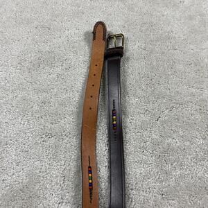 NY&CO Leather Belt Womens L Brown Beaded Boho Western Brass Buckle Indie Cowgirl